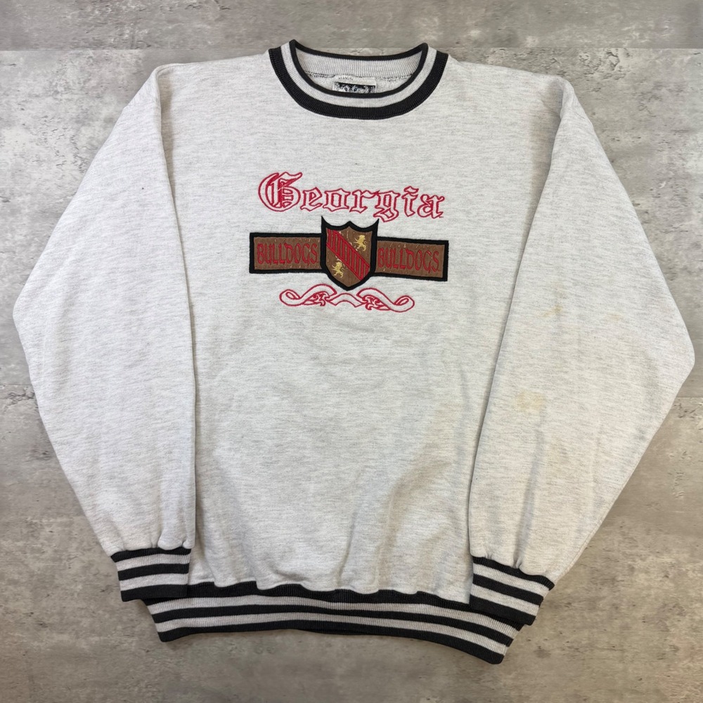 Vintage Wolf Georgia Bulldogs Sweatshirt Gray Embroidered Striped Trim Large